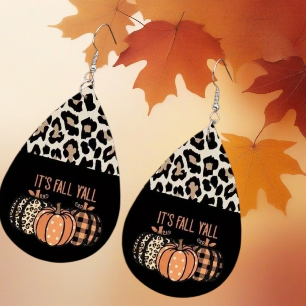 Retro Leopard Pattern Its Fall Ya'll Dangle Drop Hook Earrings.